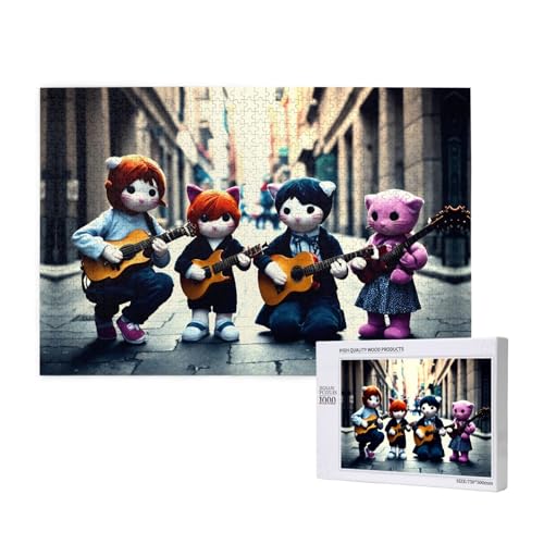 Poezjzw Klassisches Puzzle, Kätzchen, Gitarre für Erwachsene, 1000 Teile, Holzpuzzle, moderne Heimdekoration, intellektuelles Spiel, 75 x 50 cm von POEZJZW