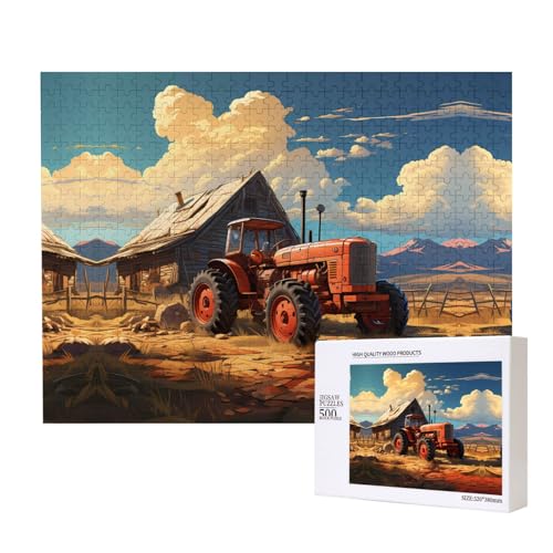 Poezjzw Klassisches Puzzle für Erwachsene, Bauernhof, roter Traktor, 500 Teile, Holzpuzzle, moderne Wohnkultur, intellektuelles Spiel, 52 x 38 cm von POEZJZW