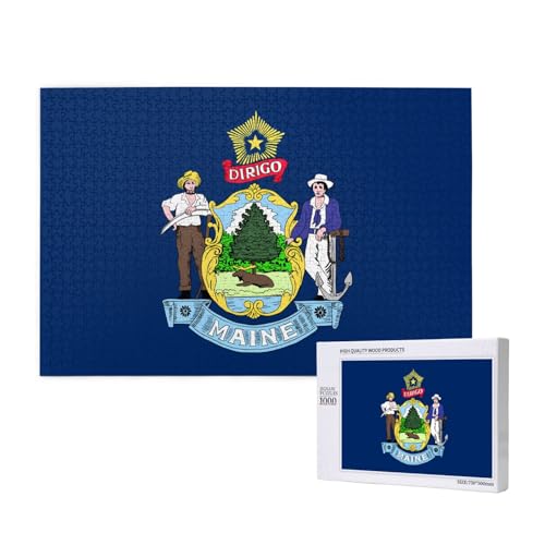 Poezjzw Klassisches Puzzle mit Flagge von Maine, 1000 Teile, Holzpuzzle, moderne Heimdekoration, intellektuelles Spiel, 75 x 50 cm von POEZJZW