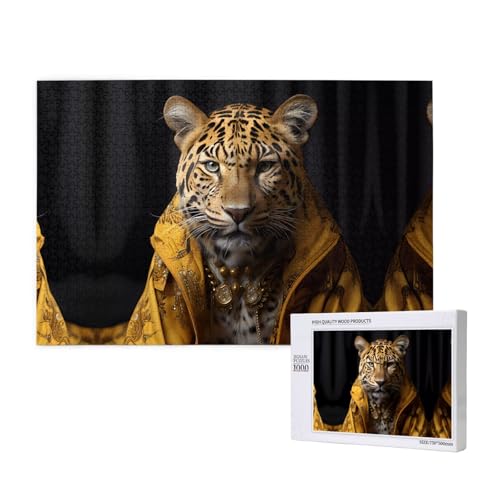 Poezjzw Leopard in einer Lederjacke, klassisches Puzzle für Erwachsene, 1000 Teile, Holzpuzzle, moderne Heimdekoration, intellektuelles Spiel, 75 x 50 cm von POEZJZW