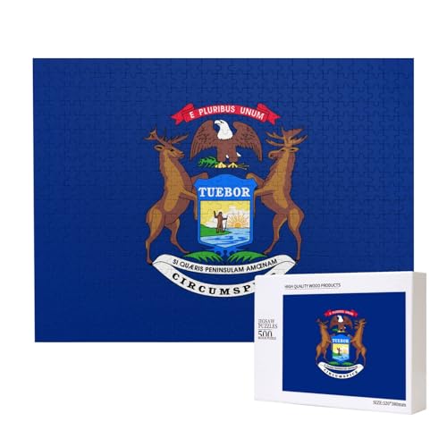 Poezjzw Michigan State Flag Klassisches Puzzle für Erwachsene, 500 Teile, Holzpuzzle, moderne Heimdekoration, intellektuelles Spiel, 52 x 38 cm von POEZJZW