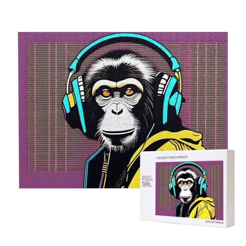 Poezjzw Monkey Listening to Music Adult Classic Jigsaw 500 Pieces Wooden Puzzle Modern Home Decor Intellectual Game 52 X 38 Cm von POEZJZW