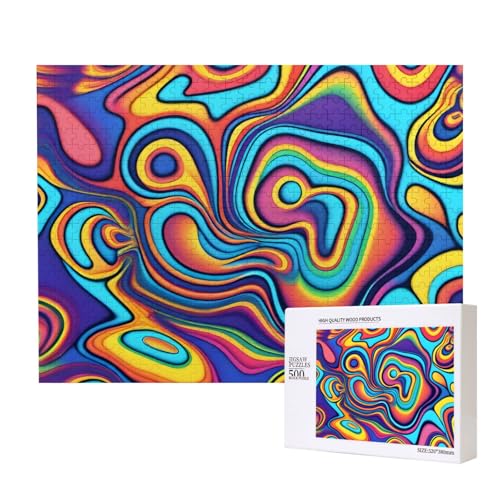 Poezjzw Psychedelic Colors Klassisches Puzzle für Erwachsene, 500 Teile, Holzpuzzle, moderne Wohnkultur, intellektuelles Spiel, 52 x 38 cm von POEZJZW