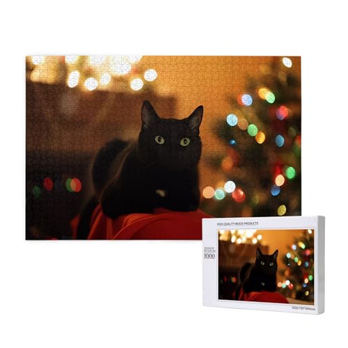 Poezjzw Puzzles für Erwachsene, 1000 Teile, geeignet für Familienfreizeit und Verbesserung der Hands-On-Fähigkeit, Weihnachten, schwarzes Katzenmuster von POEZJZW