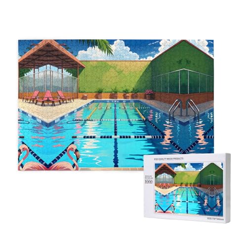 Poezjzw Puzzles für Erwachsene, 1000 Teile, geeignet für Familienfreizeit und Verbesserung der praktischen Fähigkeit, Flamingo- und Schwimmbad-Muster von POEZJZW