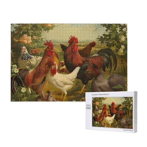 Poezjzw Puzzles für Erwachsene, 1000 Teile, geeignet für Familienfreizeit und Verbesserung der praktischen Fähigkeit, Hühner und Bauernhof-Muster von POEZJZW