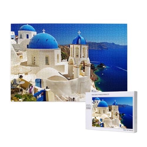 Poezjzw Puzzles für Erwachsene, 1000 Teile, geeignet für Familienfreizeit und Verbesserung der praktischen Fähigkeit, Santorini, griechische Insel, Meerblick-Muster von POEZJZW