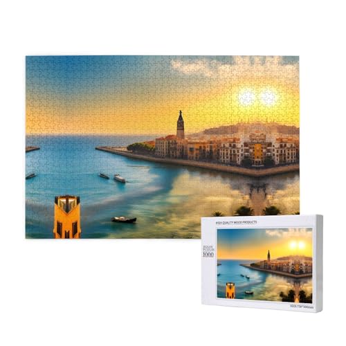 Poezjzw Puzzles für Erwachsene, 1000 Teile, geeignet für Familienfreizeit und Verbesserung der praktischen Fähigkeit, Sonnenuntergang in Barcelona Muster von POEZJZW