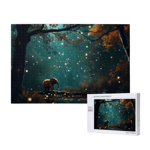 Poezjzw Puzzles für Erwachsene, 1000 Teile, geeignet für Familienfreizeit und Verbesserung der praktischen Fähigkeit, Sternenlicht, Wald, Elefantenmuster von POEZJZW