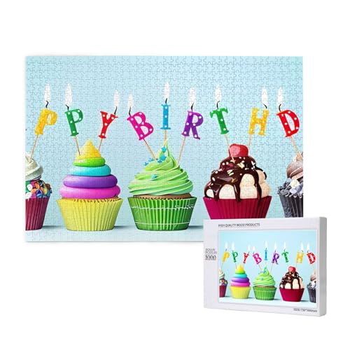 Poezjzw Puzzles für Erwachsene, 1000 Teile, geeignet für Familienfreizeit und Verbesserung der praktischen Fähigkeit, buntes Happy Birthday Cupcakes Muster von POEZJZW