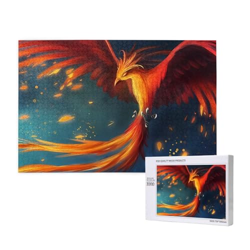 Poezjzw Puzzles für Erwachsene, 1000 Teile, geeignet für Familienfreizeit und Verbesserung der praktischen Fähigkeit, orange-rotes Phönix-Muster von POEZJZW