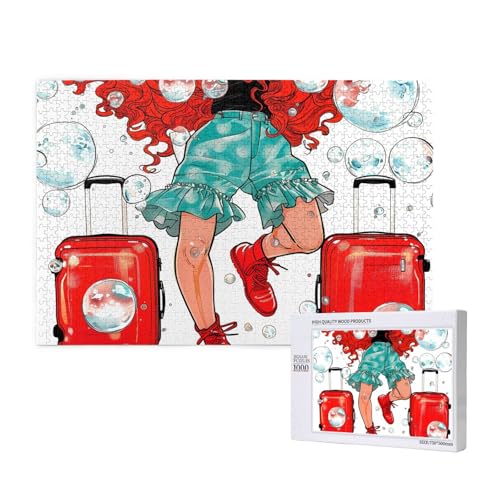 Poezjzw Puzzles für Erwachsene, 1000 Teile, geeignet für Familienfreizeit und Verbesserung der praktischen Fähigkeit, rotes Koffer-Reisemuster von POEZJZW