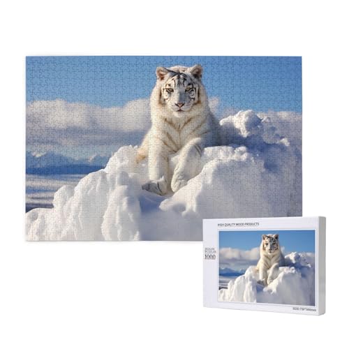 Poezjzw Puzzles für Erwachsene, 1000 Teile, geeignet für Familienfreizeit und Verbesserung der praktischen Fähigkeit, schneebedecktes Bergweiß-Tigermuster von POEZJZW