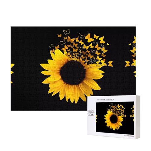 Poezjzw Puzzles für Erwachsene, 300 Teile, geeignet für Familienfreizeit und Verbesserung der praktischen Fähigkeit, Sonnenblumen, Blumen, Schmetterlinge, Kunstmuster von POEZJZW