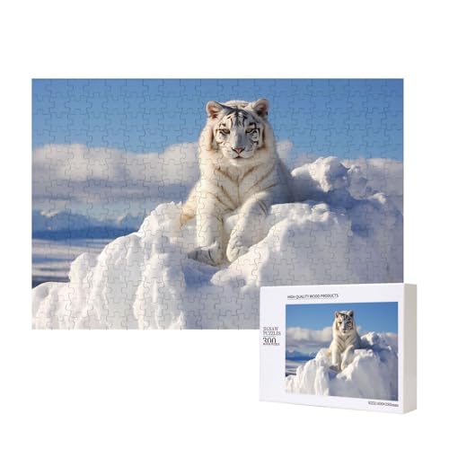 Poezjzw Puzzles für Erwachsene, 300 Teile, geeignet für Familienfreizeit und Verbesserung der praktischen Fähigkeit, schneebedecktes Bergweiß-Tigermuster von POEZJZW