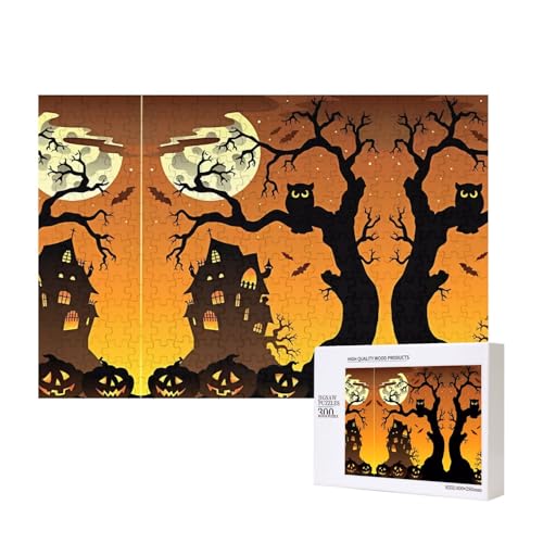 Poezjzw Puzzles für Erwachsene, 300 Teile, geeignet für Familienfreizeit und Verbesserung der praktischen Fähigkeit, schwarzer Baum, Eule, Kürbiskopfmuster von POEZJZW