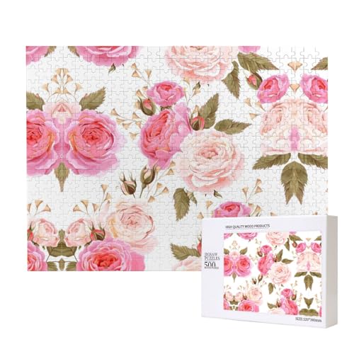 Poezjzw Puzzles für Erwachsene, 500 Teile, geeignet für Familienfreizeit und Verbesserung der praktischen Fähigkeit, Blumenrose, rosa Muster von POEZJZW