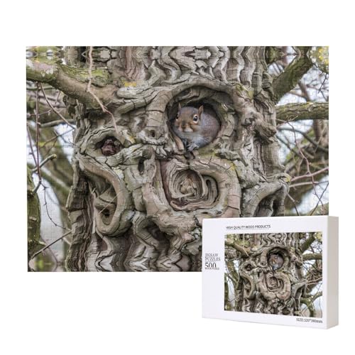 Poezjzw Puzzles für Erwachsene, 500 Teile, geeignet für Familienfreizeit und Verbesserung der praktischen Fähigkeit, Eichhörnchen im Baumlochmuster von POEZJZW