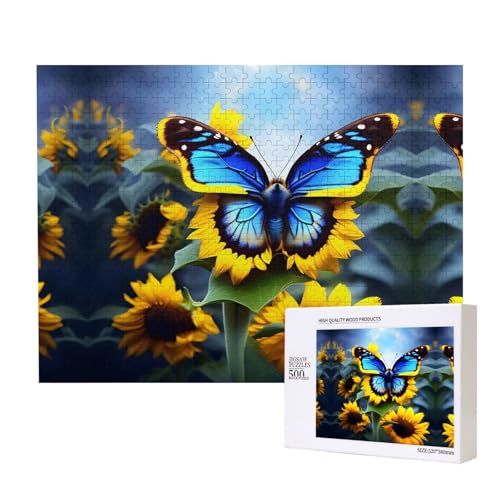 Poezjzw Puzzles für Erwachsene, 500 Teile, geeignet für Familienfreizeit und Verbesserung der praktischen Fähigkeit, Sonnenblumen-blaues Schmetterlingsmuster von POEZJZW