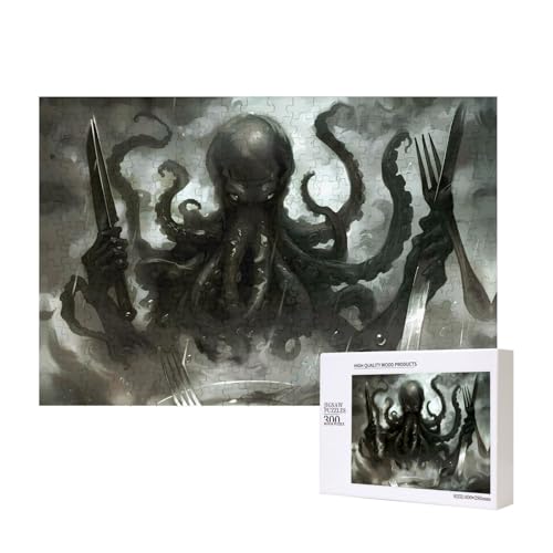 Poezjzw Tintenfisch mit Messer und Gabel Erwachsene Classic Puzzle 300 Teile Holzpuzzle Moderne Wohnkultur Intellektuelles Spiel 40 x 28 cm von POEZJZW