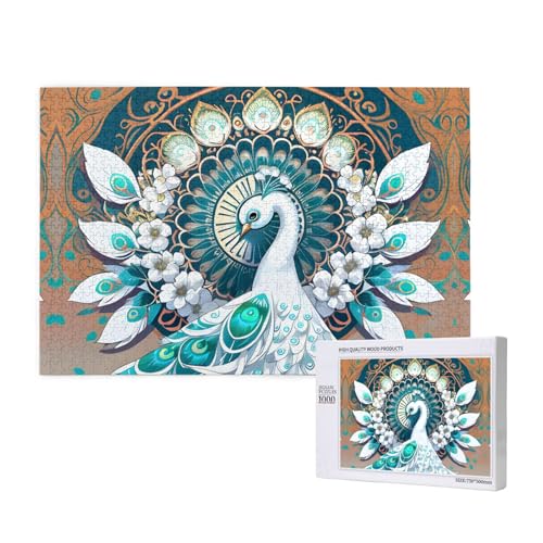 Poezjzw Weißer Pfau mit offenem Bildschirm, klassisches Puzzle für Erwachsene, 1000 Teile, Holzpuzzle, moderne Heimdekoration, intellektuelles Spiel, 75 x 50 cm von POEZJZW
