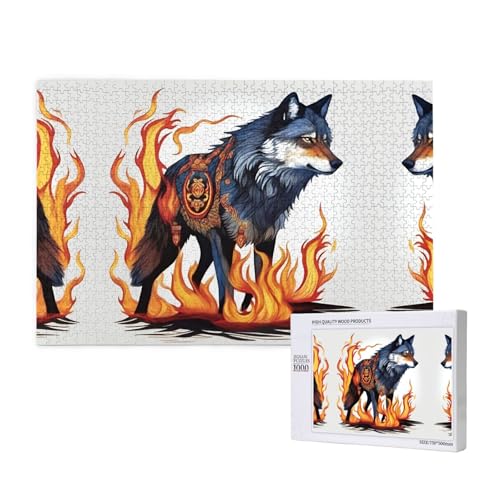 Poezjzw Wolf Covered In Fire Klassisches Puzzle für Erwachsene, 1000 Teile, Holzpuzzle, moderne Heimdekoration, intellektuelles Spiel, 75 x 50 cm von POEZJZW