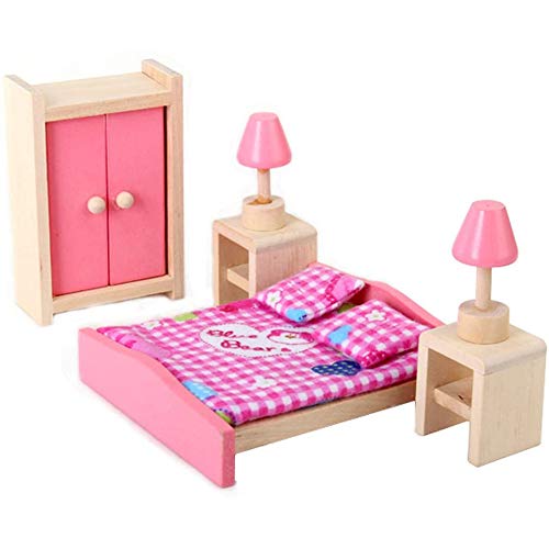 POFET Puppenhaus-Schlafzimmermöbel-Set Bett + Tisch + Lampe + Schrank – Rancom-Decke von POFET