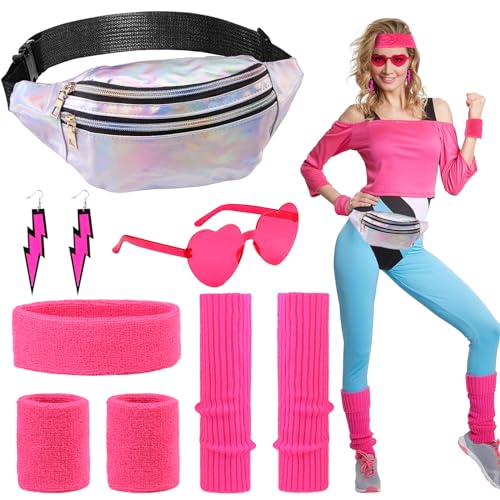 POFIBO 80er 90er Jahre Outfit Damen, 80er 90er Jahre Kostüm Accessoires Set mit Neon Stirnband Armbänder Ohrring Gürteltasche Beinwärmer und Brille, Perfekt für Karneval Fasching Motoparty POFIBO 80er 90er Jahre Outfit Damen, 80er 90er Jahre Kostüm Accessoires Set mit Neon Stirnband Armbänder Ohrring Gürteltasche Beinwärmer und Brille, Perfekt für Karneval Fasching Motoparty von POFIBO