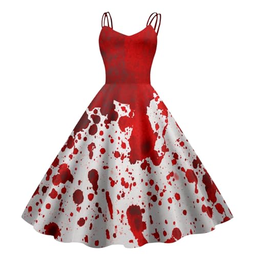 POIUIYQA Halloween Kostüm Damen – Blutiges Kleid mit Blutspritzer Aufdruck, Ärmelloses Zombie Brautkleid für Horror Party, Gruseliges Gothic Cosplay Karnevalskleid von POIUIYQA