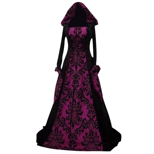 POIUIYQA Langarm Damen Kleid Mit Kapuze Gothic Halloween Kostüm Mittelalter Kleidung Damen Vintage Royal Retro Halloween Kostüm Woman Cosplay Geisterbraut von POIUIYQA