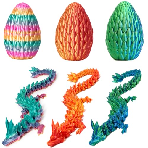 POIVOCF 3D-gedruckter 30,5 cm beweglicher Kristalldrache im Inneren, 13 cm großes Ei – Fantasy-Sammelstück, Fidget-Spielzeug & Strumpf-Osterkorbfüller für Zuhause und Büro, Dekor (3 Stück, Regenbogen) von POIVOCF