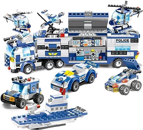 POIWEYR 8-in-1SWAT Polizei Bausteine Bausatz, 762 Teile Stadt Polizeiauto Spielzeug für Jungen und Mädchen mit Polizeiauto, Hubschrauber, Wasserpatrouillenboote (Blau) von POIWEYR