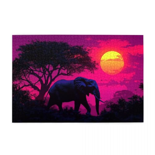 Afrikanischer Wildelefant im Sonnenuntergang Puzzles für Erwachsene 1000 Teile für Heimdekoration, Geschenke, Familien-Puzzle, perfekt für Spieleabende von POKXAEU