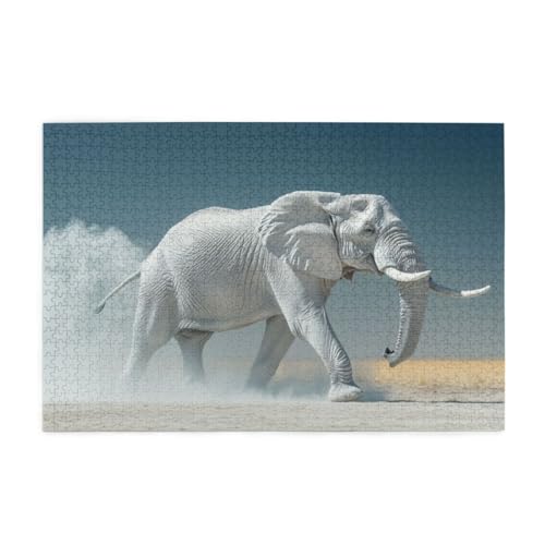 Afrikanischer weißer Elefant Puzzle 1000 Teile, Holzpuzzles für Erwachsene, Impossible Puzzle perfekt für Game Nights, Familie Und Freunde von POKXAEU