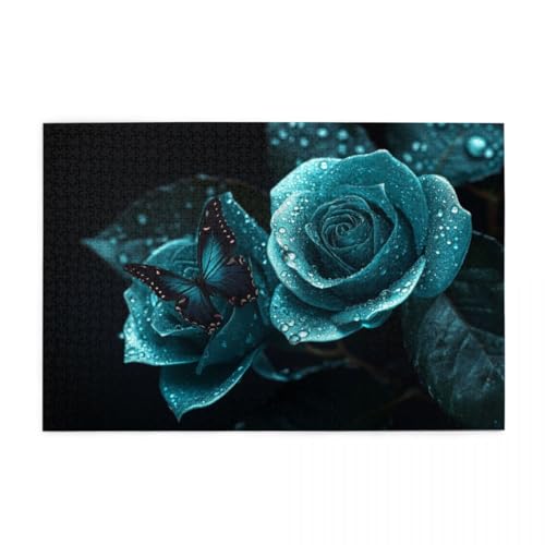 Blaue Rose mit Schmetterling Puzzle 1000 Teile, Holzpuzzles für Erwachsene, Impossible Puzzle perfekt für Game Nights, Familie Und Freunde von POKXAEU