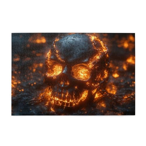 Brennender schwarzer Totenkopf Wooden Puzzle 1000 Teile, Impossible Puzzle für Erwachsene Geschenk für Erwachsene Familie und Freunde von POKXAEU