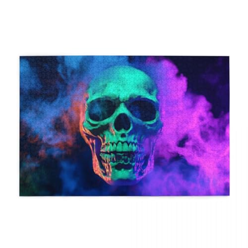 Bunter Rauch-Totenkopf Wooden Puzzle 1000 Teile, Impossible Puzzle für Erwachsene Geschenk für Erwachsene Familie und Freunde von POKXAEU