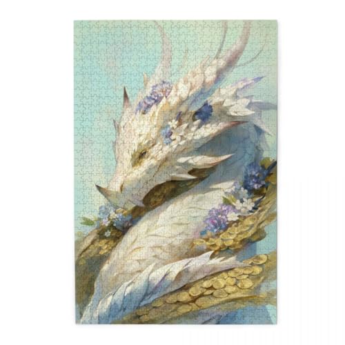 Fantasie-Blume mit weißem Drachen und lila Blüten Puzzle 1000 Teile, Holzpuzzles für Erwachsene, Impossible Puzzle perfekt für Game Nights, Familie Und Freunde von POKXAEU