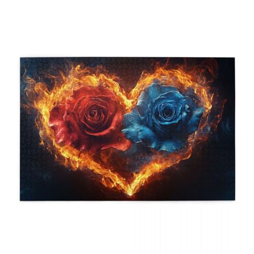 Feuerrot-Blaue Rose Holzpuzzles 1000 Teile perfekt für Game Nights Geschicklichkeitsspiel für die ganze Familie Raumdekoration von POKXAEU