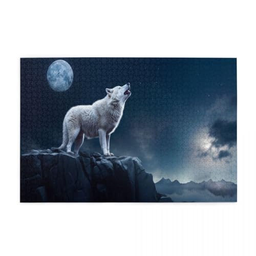 Full Moon Howling White Wolf Puzzles für Erwachsene 1000 Teile für Heimdekoration, Geschenke, Familien-Puzzle, perfekt für Spieleabende von POKXAEU