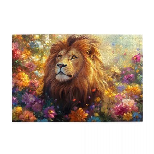 Lion Among Colorful Flowers Wooden Puzzle 1000 Teile, Impossible Puzzle für Erwachsene Geschenk für Erwachsene Familie und Freunde von POKXAEU