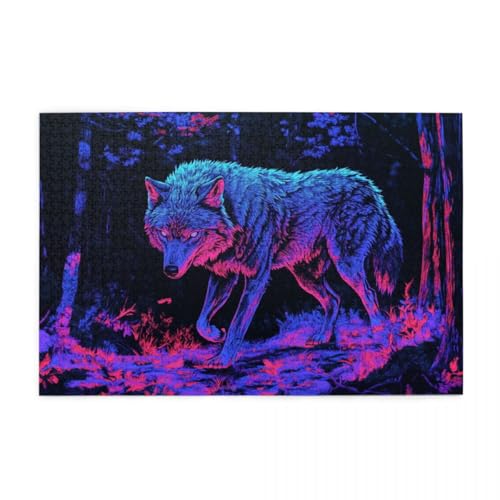 Neon-Nachtwald-Wolf Puzzle 1000 Teile, Holzpuzzles für Erwachsene, Impossible Puzzle perfekt für Game Nights, Familie Und Freunde von POKXAEU