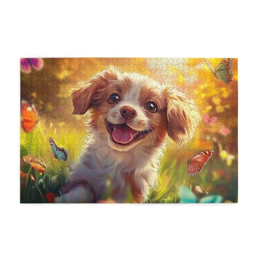 Niedlicher, glücklicher Schmetterlingswelpe Puzzle 1000 Teile, Holzpuzzles für Erwachsene, Impossible Puzzle perfekt für Game Nights, Familie Und Freunde von POKXAEU