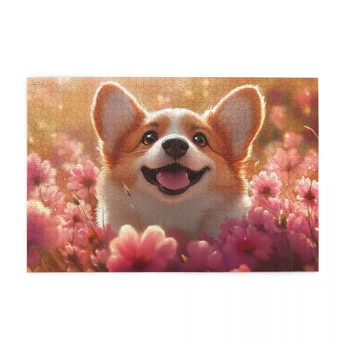 Niedlicher Corgi-Welpe mit Blumen Wooden Puzzle 1000 Teile, Impossible Puzzle für Erwachsene Geschenk für Erwachsene Familie und Freunde von POKXAEU