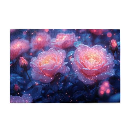 Night Glowing Pink Rose Puzzle 1000 Teile, Holzpuzzles für Erwachsene, Impossible Puzzle perfekt für Game Nights, Familie Und Freunde von POKXAEU