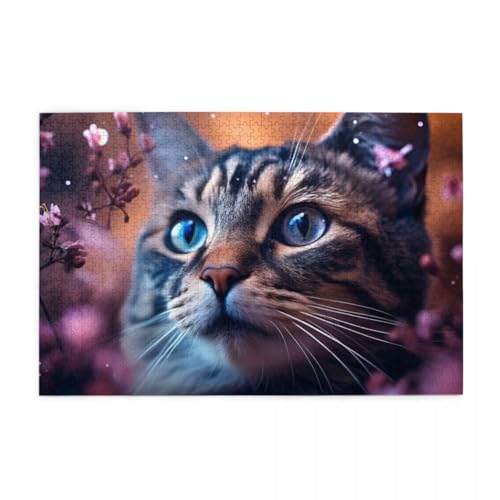 Sakura und getigerte Katze Puzzles für Erwachsene 1000 Teile für Heimdekoration, Geschenke, Familien-Puzzle, perfekt für Spieleabende von POKXAEU