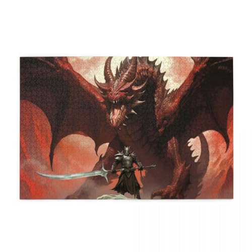 Wilder roter Drache und Krieger Wooden Puzzle 1000 Teile, Impossible Puzzle für Erwachsene Geschenk für Erwachsene Familie und Freunde von POKXAEU