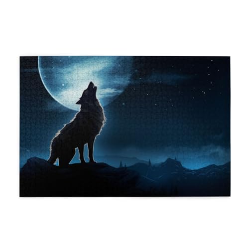 Wolf heult den Mond an Puzzle 1000 Teile, Holzpuzzles für Erwachsene, Impossible Puzzle perfekt für Game Nights, Familie Und Freunde von POKXAEU