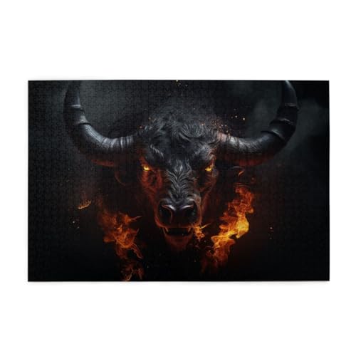 Wütender, flammender schwarzer Stier Wooden Puzzle 1000 Teile, Impossible Puzzle für Erwachsene Geschenk für Erwachsene Familie und Freunde von POKXAEU