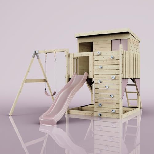 PolarPlay Spielturm Tjorven aus Holz in Rosa Kinderschaukel von POLAR PLAY